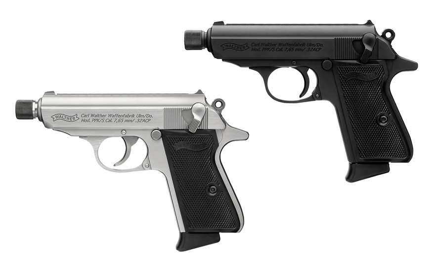 Walther PPK SD in .32 ACP gun on display with suppressor